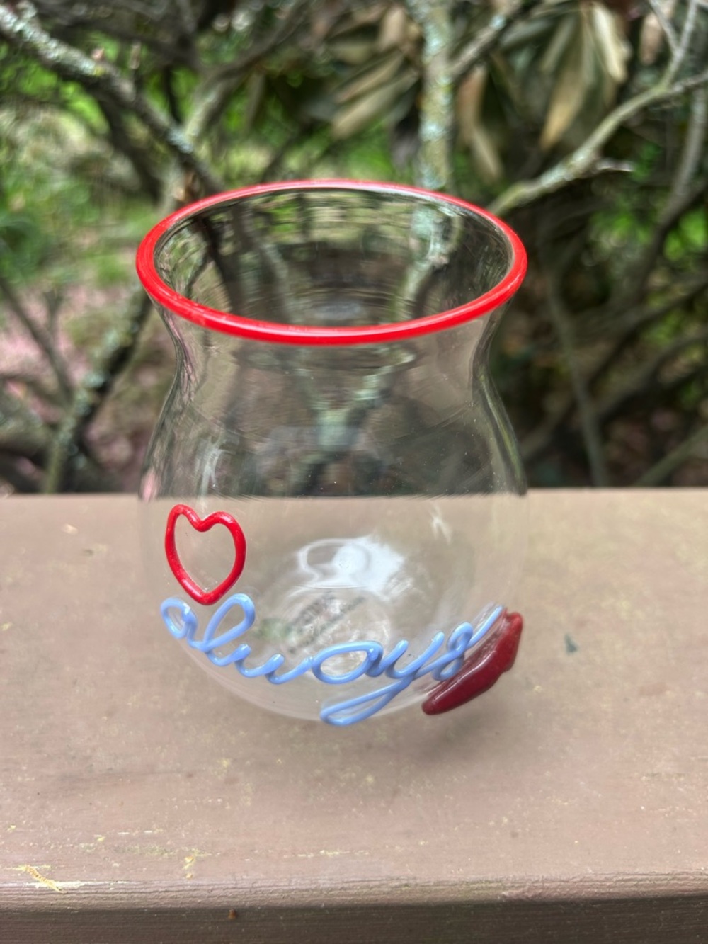 Anthropologie Clear Glass Small Vase with Red Heart & KISS and Blue “Always”
